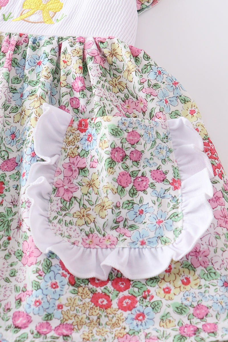 Floral Print Bunny Embroidery Smocked Girl Set