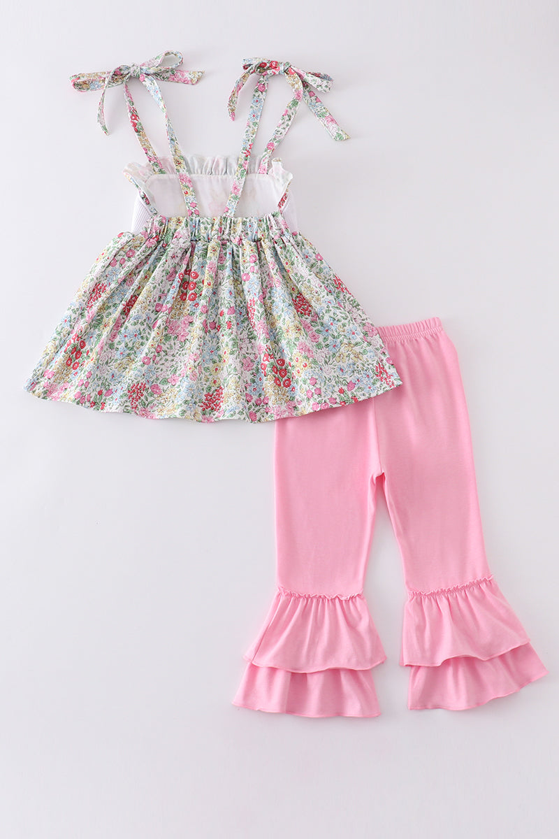 Floral Print Bunny Embroidery Smocked Girl Set