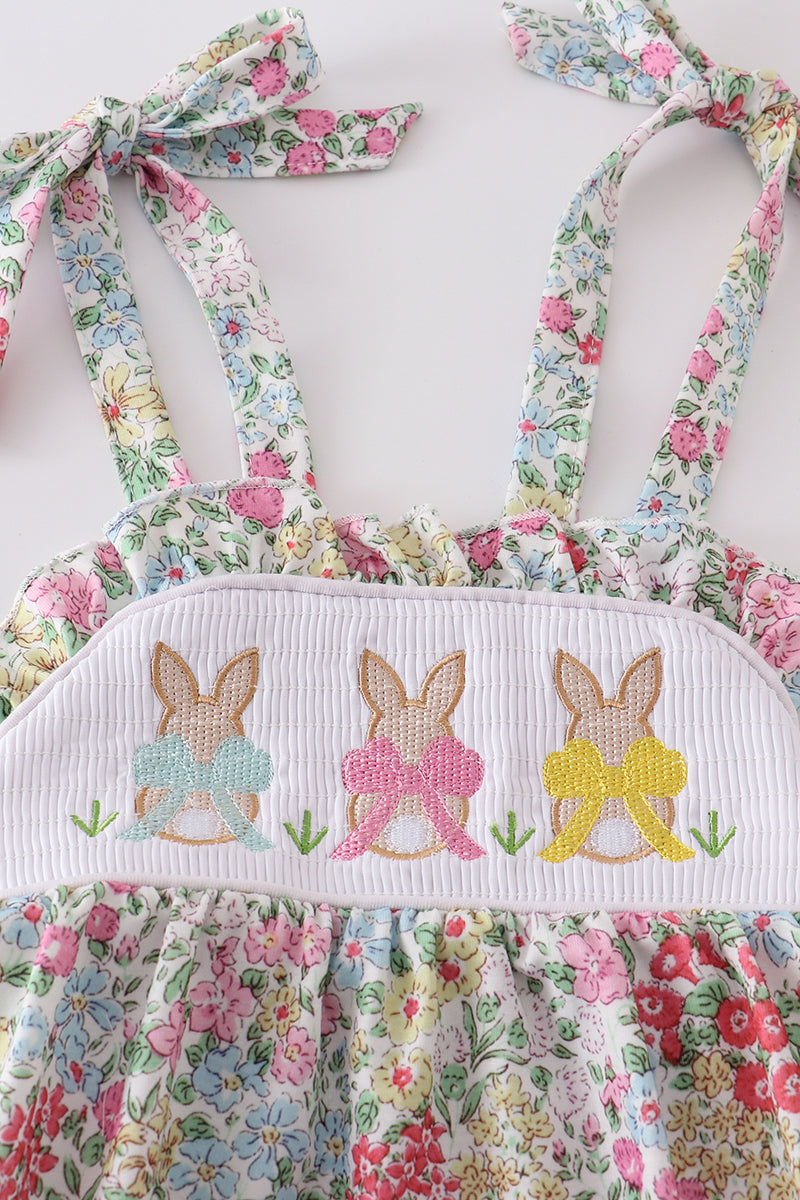 Floral Print Bunny Embroidery Smocked Girl Bubble