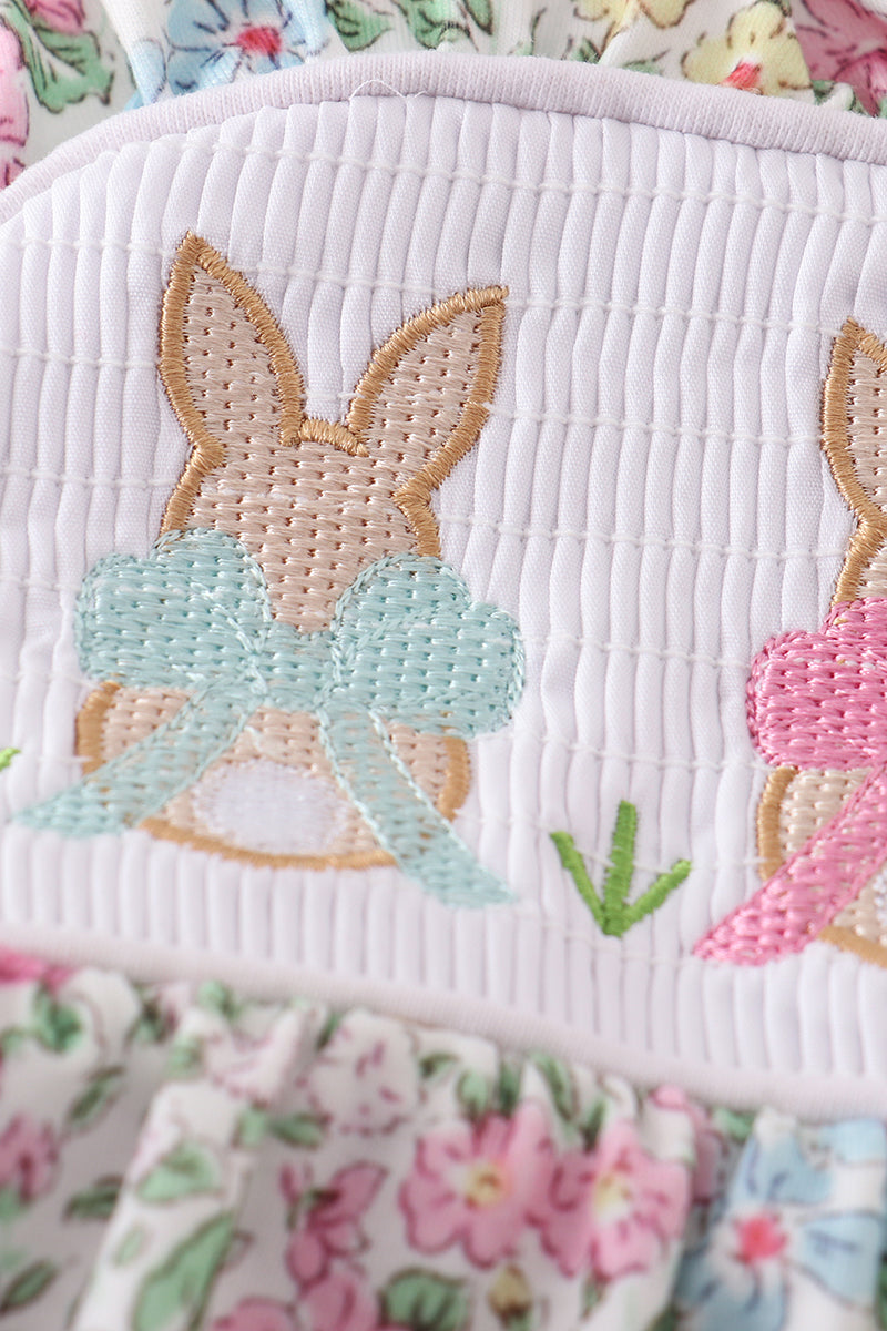 Floral Print Bunny Embroidery Smocked Girl Bubble