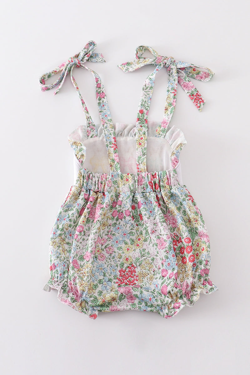 Floral Print Bunny Embroidery Smocked Girl Bubble
