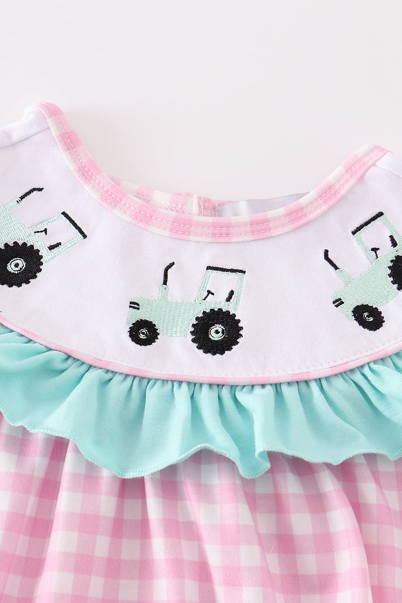 Pink Tractor Embroidery Plaid Girl Bubble