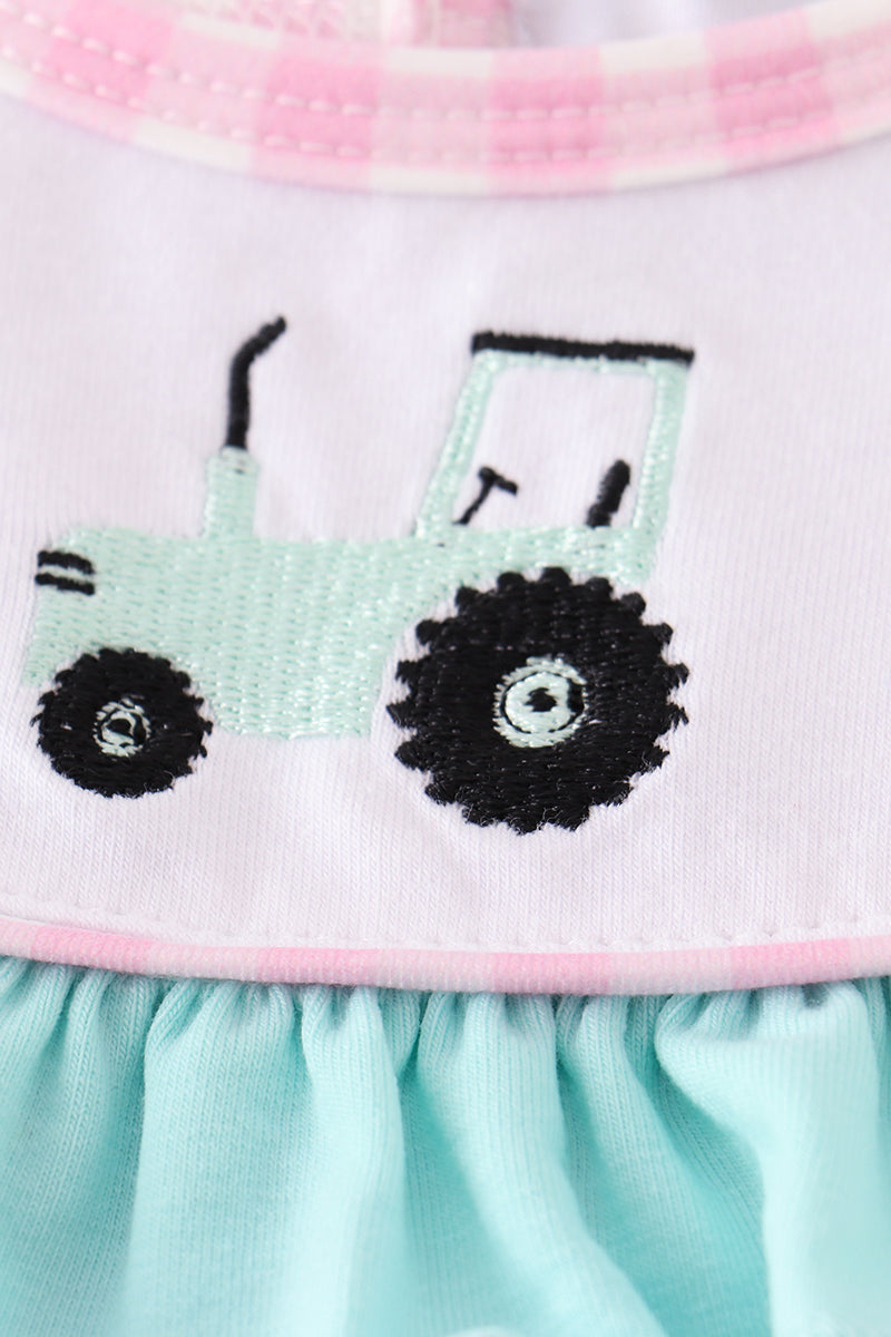 Pink Tractor Embroidery Plaid Girl Bubble