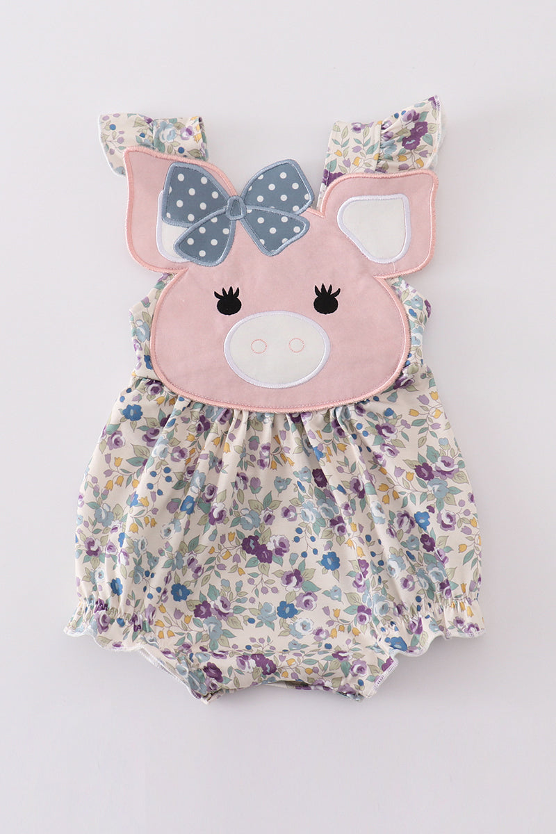 Pig Floral Print Applique Girl Bubble