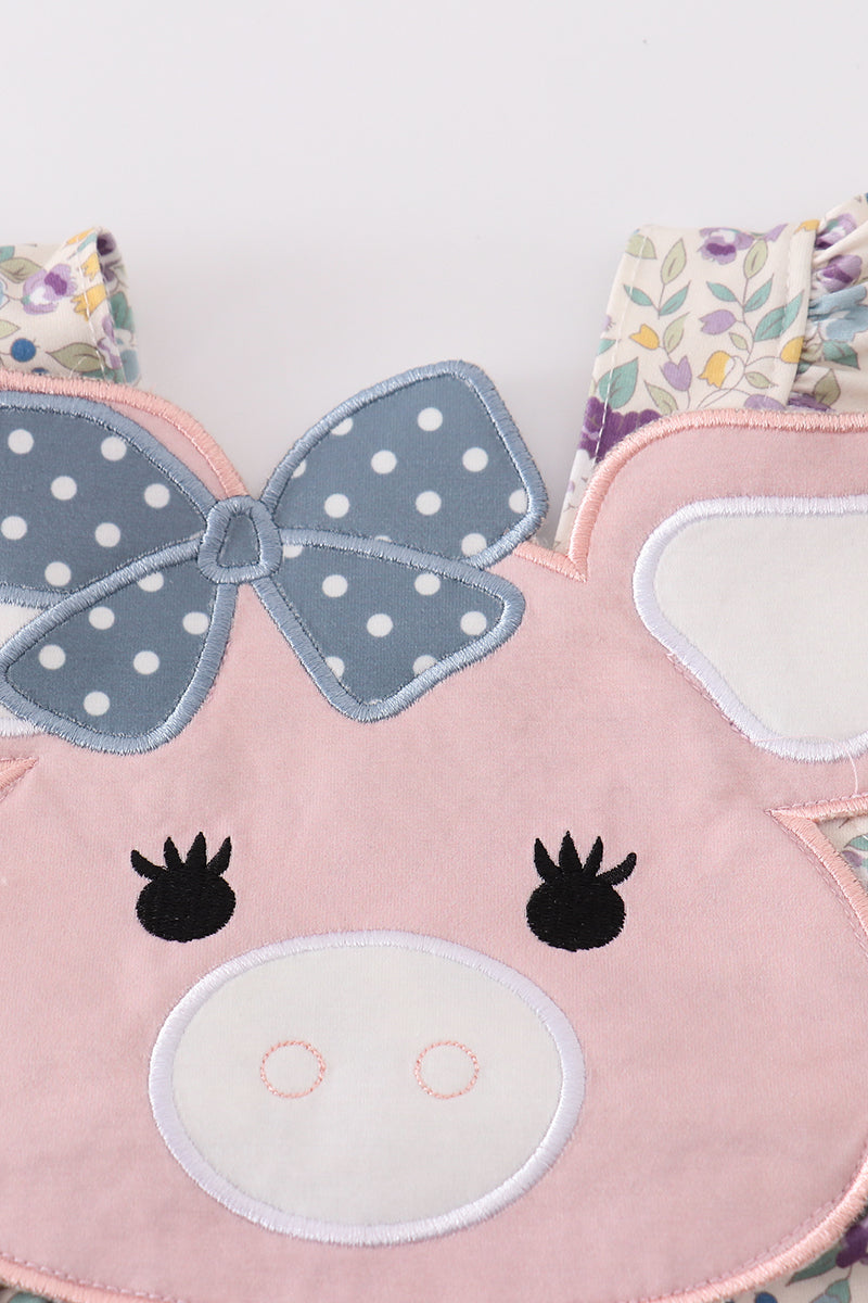 Pig Floral Print Applique Girl Bubble