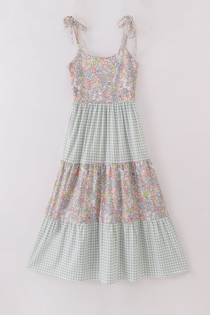 Sage Pastel Floral Harmony Mom&me Gingham Dress