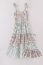 Sage Pastel Floral Harmony Mom&me Gingham Dress