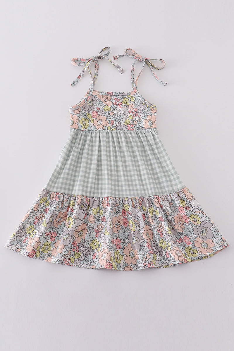 Sage Pastel Floral Harmony Mom&me Gingham Dress