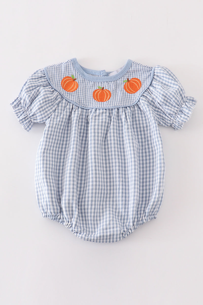 Blue Woven Check Pumpkin Embroidery Girl Bubble