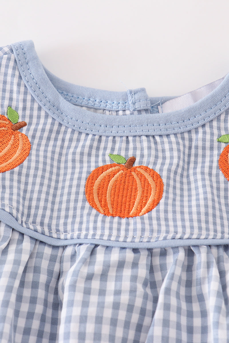 Blue Woven Check Pumpkin Embroidery Girl Bubble
