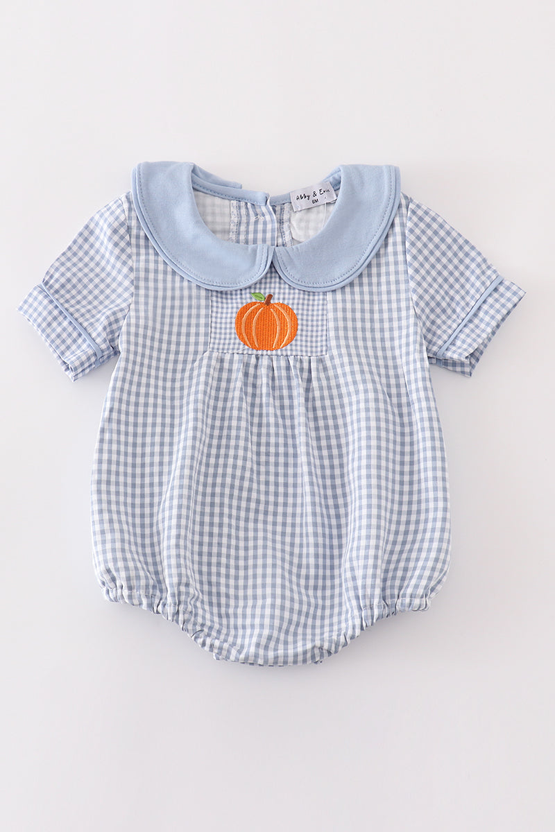 Blue Woven Check Pumpkin Embroidery Boy Bubble