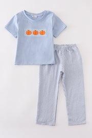 Blue Woven Check Pumpkin Embroidery Boy Set