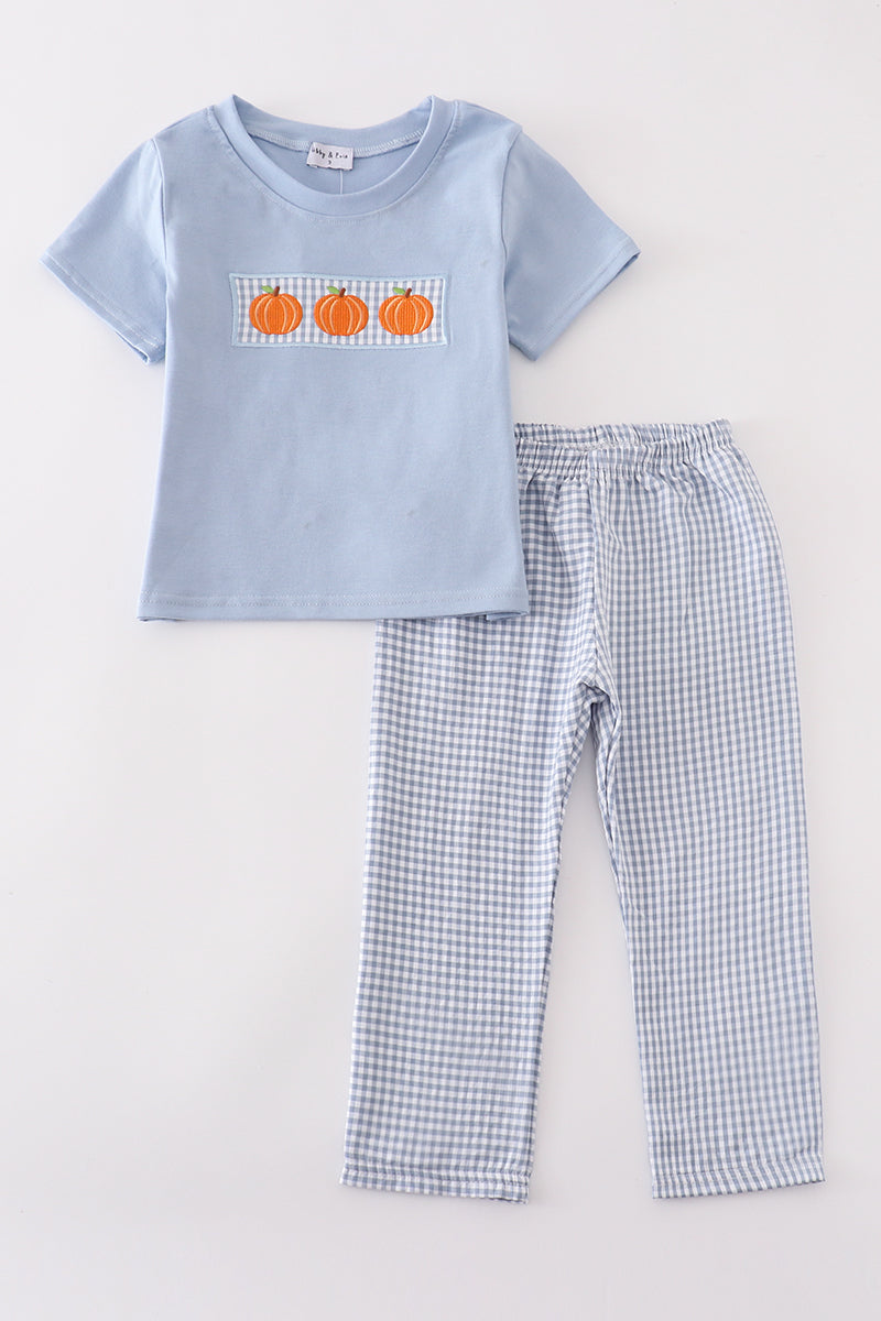 Blue Woven Check Pumpkin Embroidery Boy Set