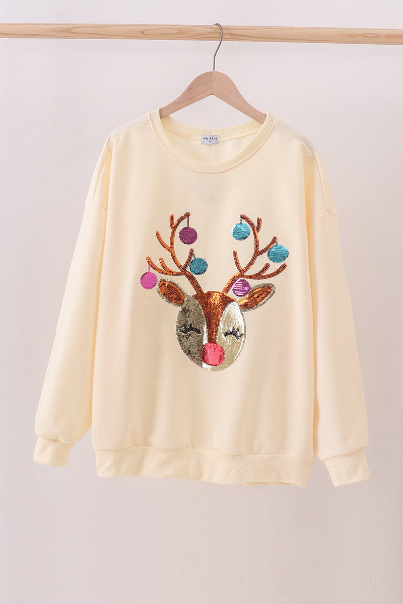 Beige Reindeer Sequin Mom&me Sweatshirt