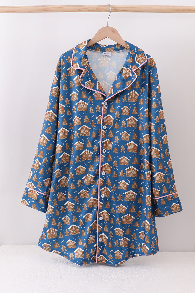 Navy Gingerbread Print Mom Gown