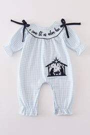Navy Plaid Nativity Embroidery Girl Romper