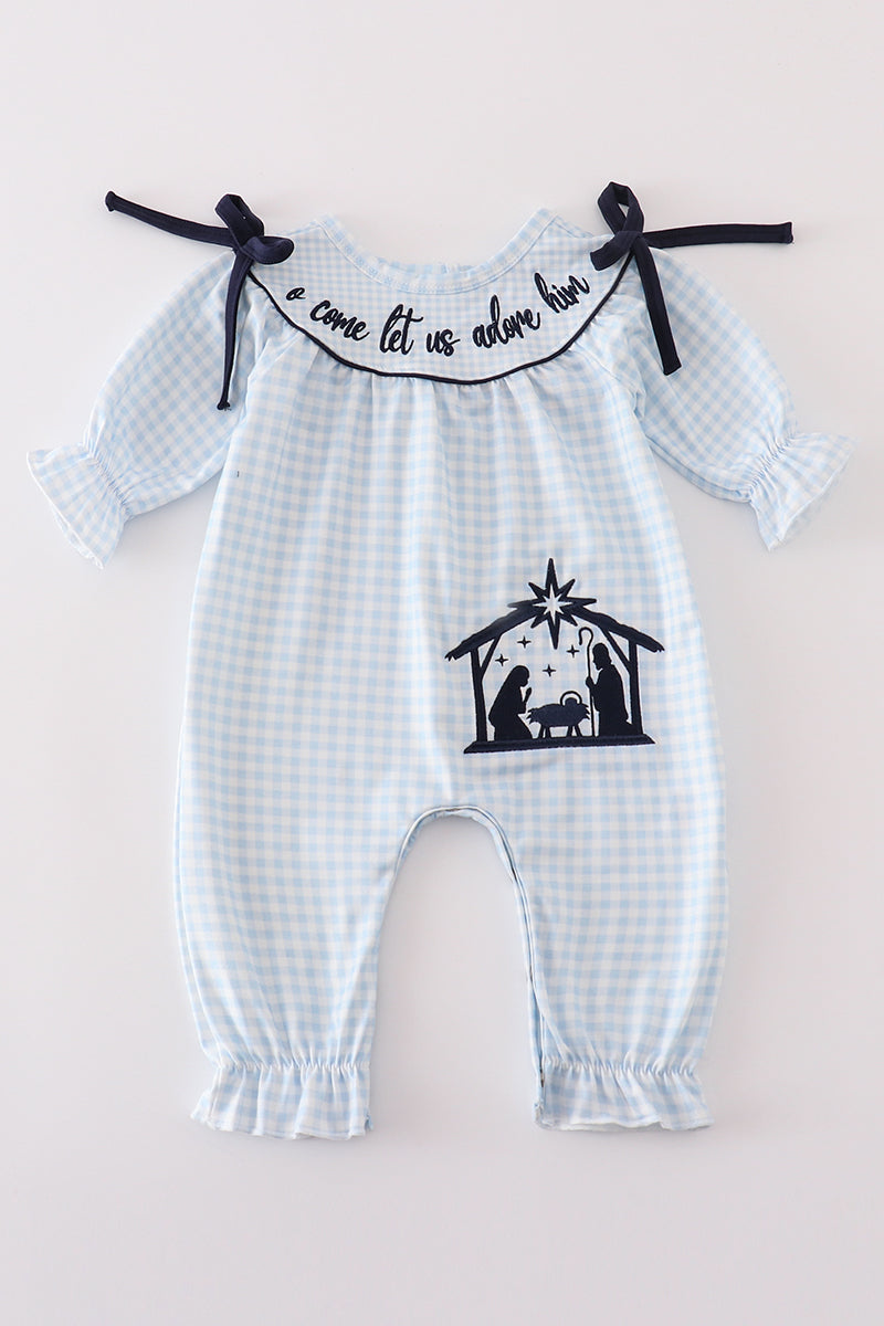 Navy Plaid Nativity Embroidery Girl Romper