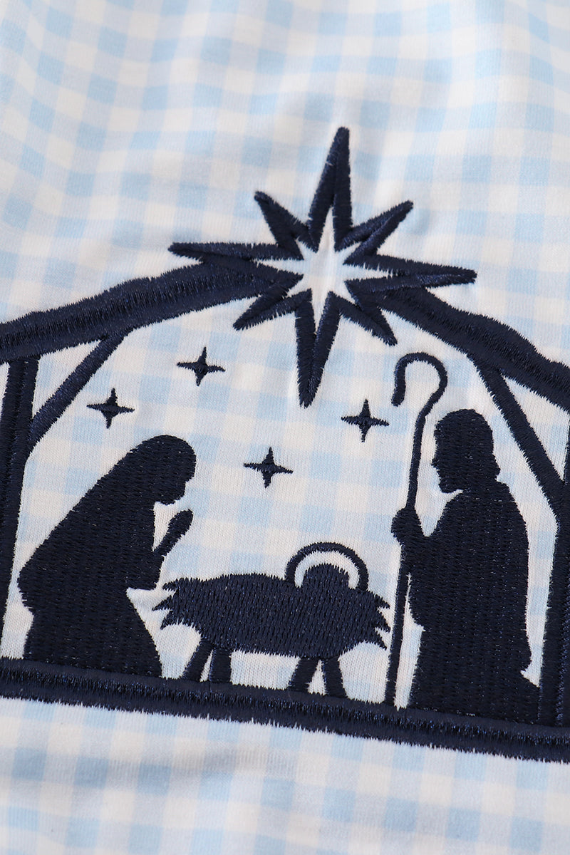 Navy Plaid Nativity Embroidery Girl Romper