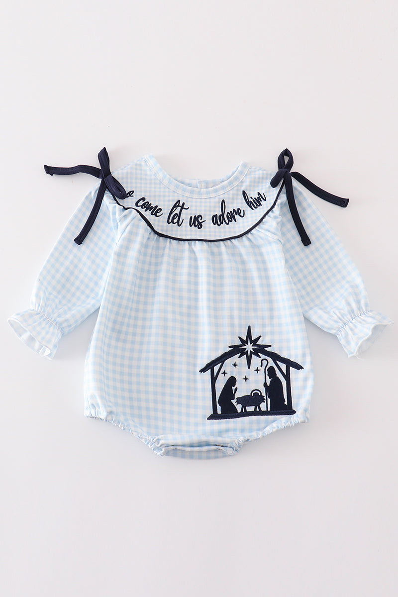 Navy Plaid Nativity Embroidery Girl Bubble