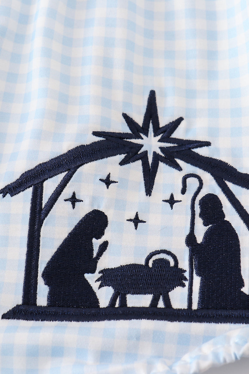 Navy Plaid Nativity Embroidery Girl Bubble