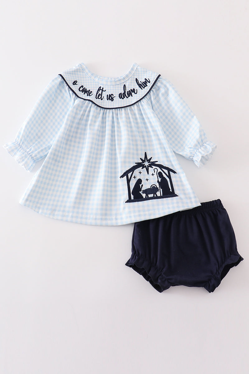 Navy Plaid Nativity Embroidery Girl Bloomers Set