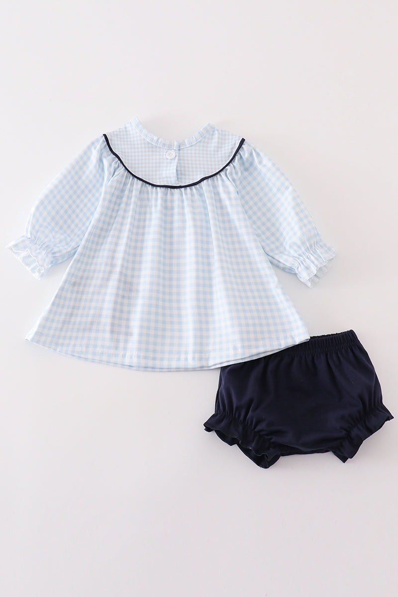 Navy Plaid Nativity Embroidery Girl Bloomers Set