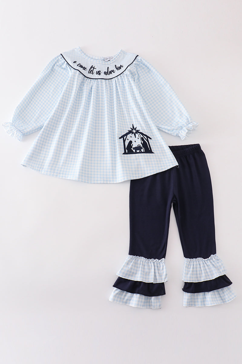 Navy Plaid Nativity Embroidery Girl Set