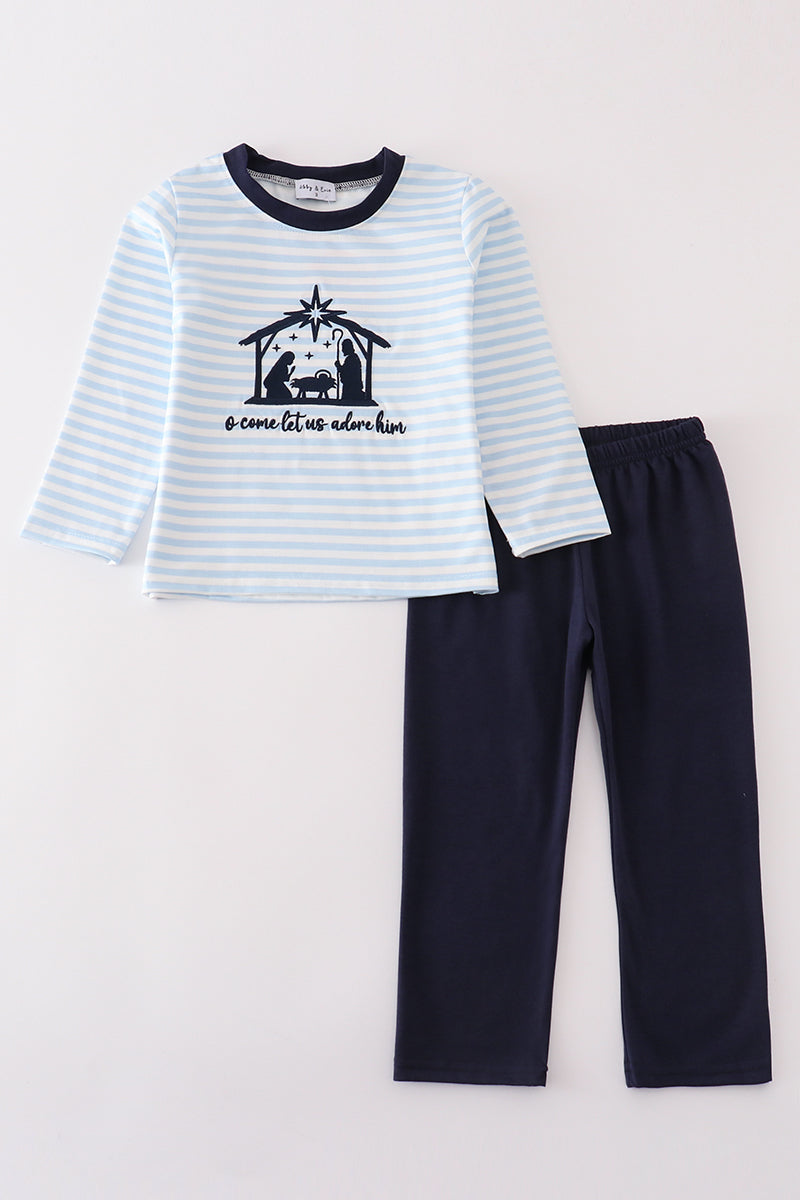 Navy Plaid Nativity Embroidery Boy Set