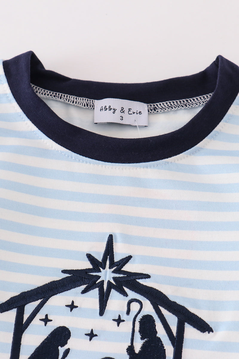 Navy Plaid Nativity Embroidery Boy Set