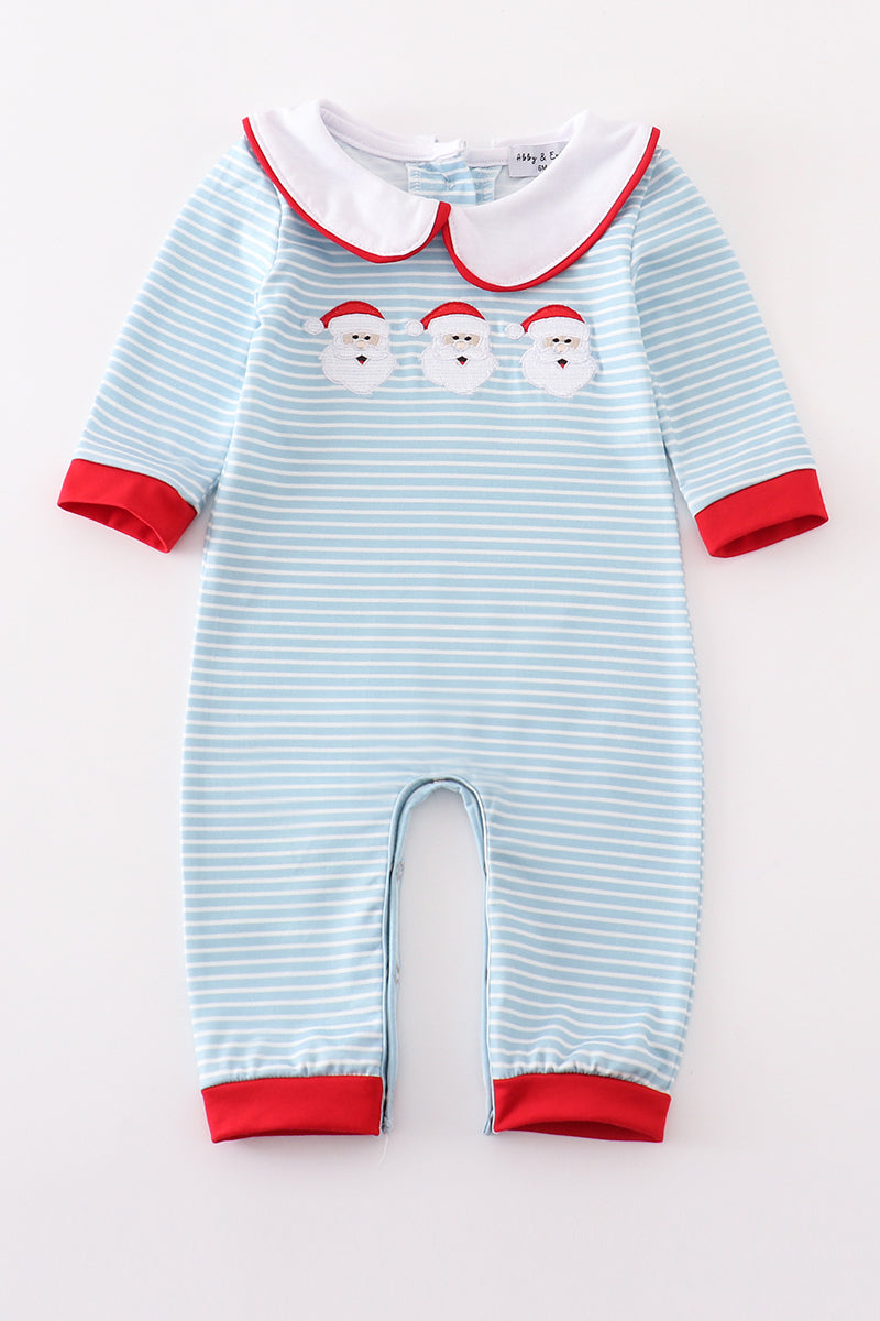 Blue Stripe Santa Claus Embroider Boy Romper