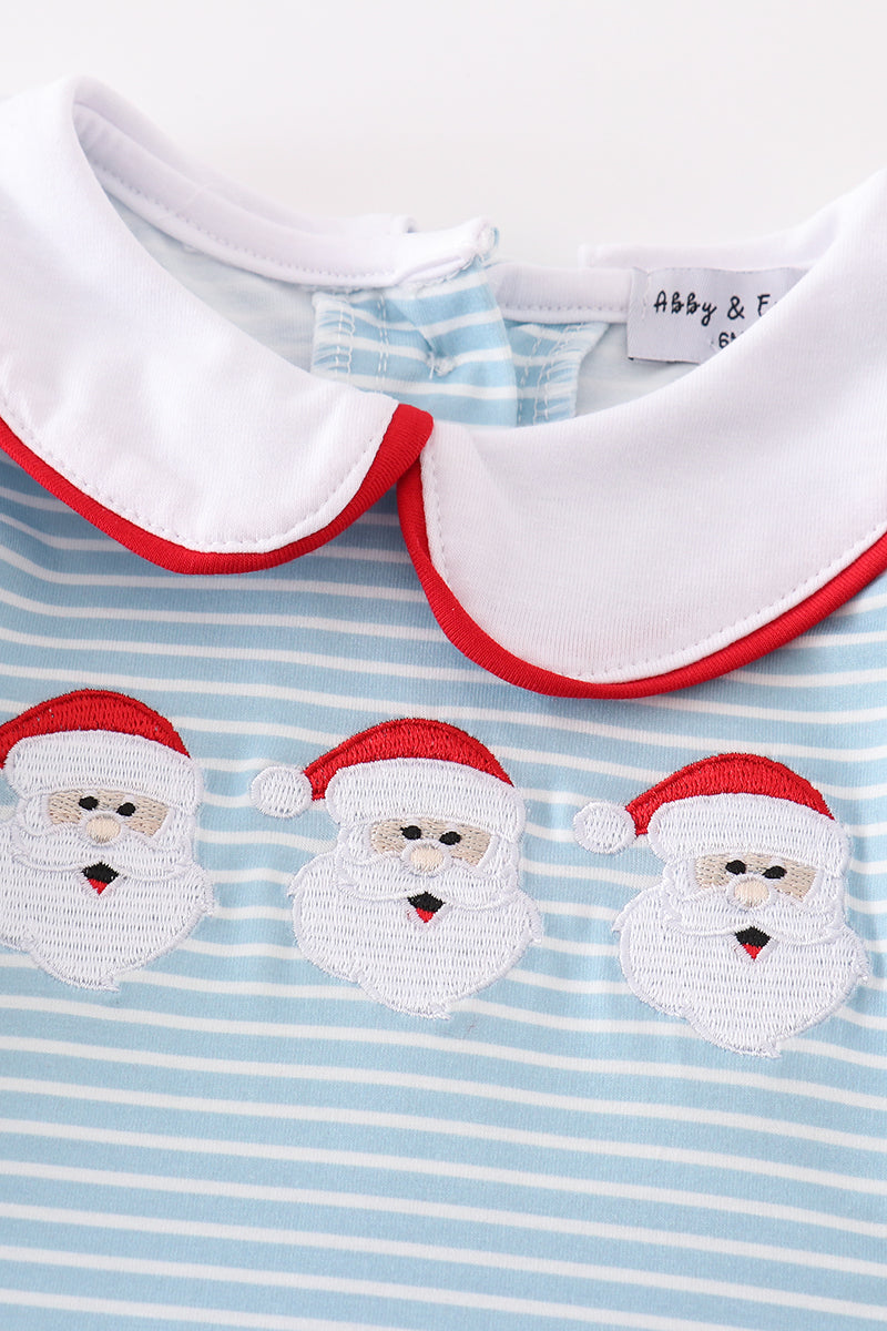 Blue Stripe Santa Claus Embroider Boy Romper