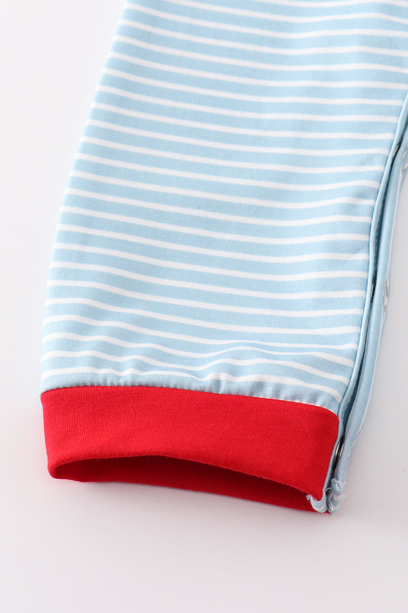 Blue Stripe Santa Claus Embroider Boy Romper