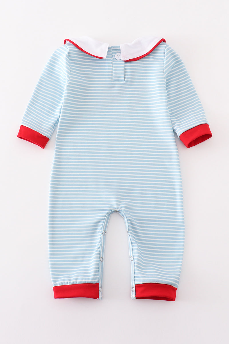 Blue Stripe Santa Claus Embroider Boy Romper
