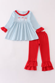 Blue Stripe Santa Claus Embroide Girl Set