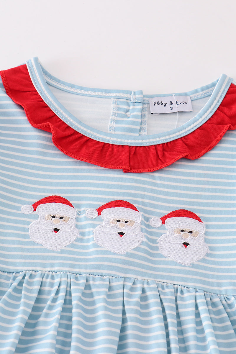 Blue Stripe Santa Claus Embroide Girl Set