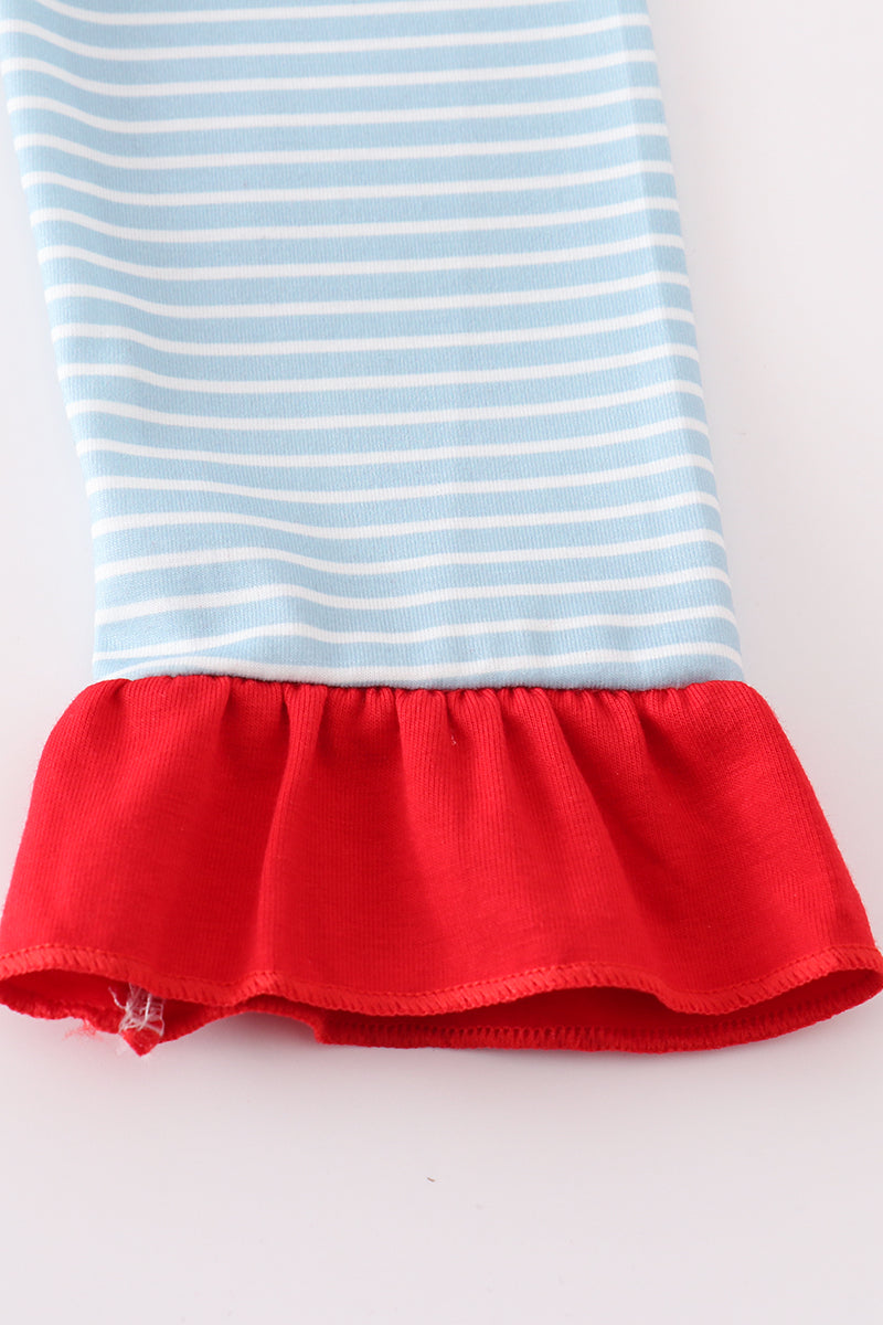 Blue Stripe Santa Claus Embroide Girl Set