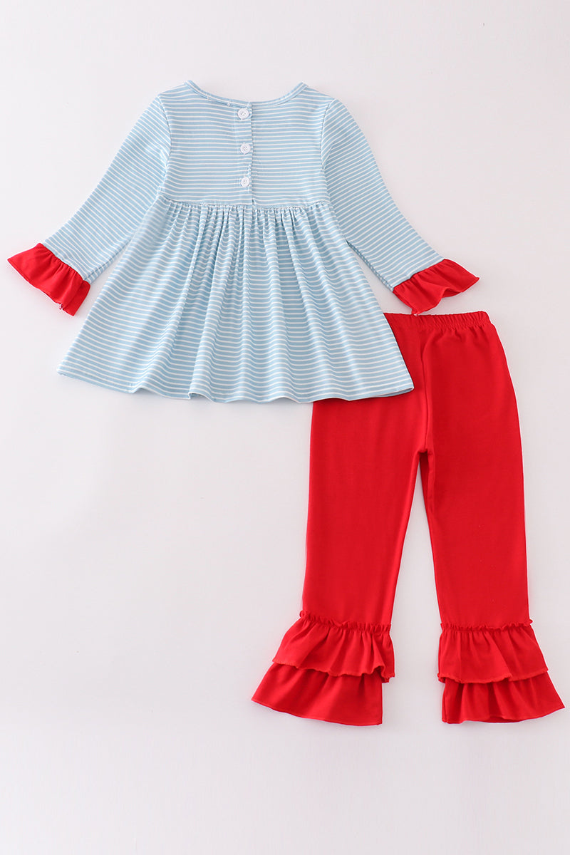 Blue Stripe Santa Claus Embroide Girl Set