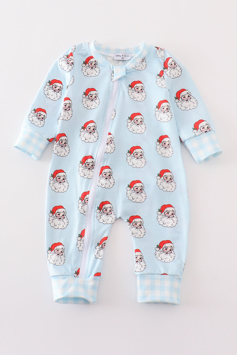 Blue Santa Print Zipper Girl Romper