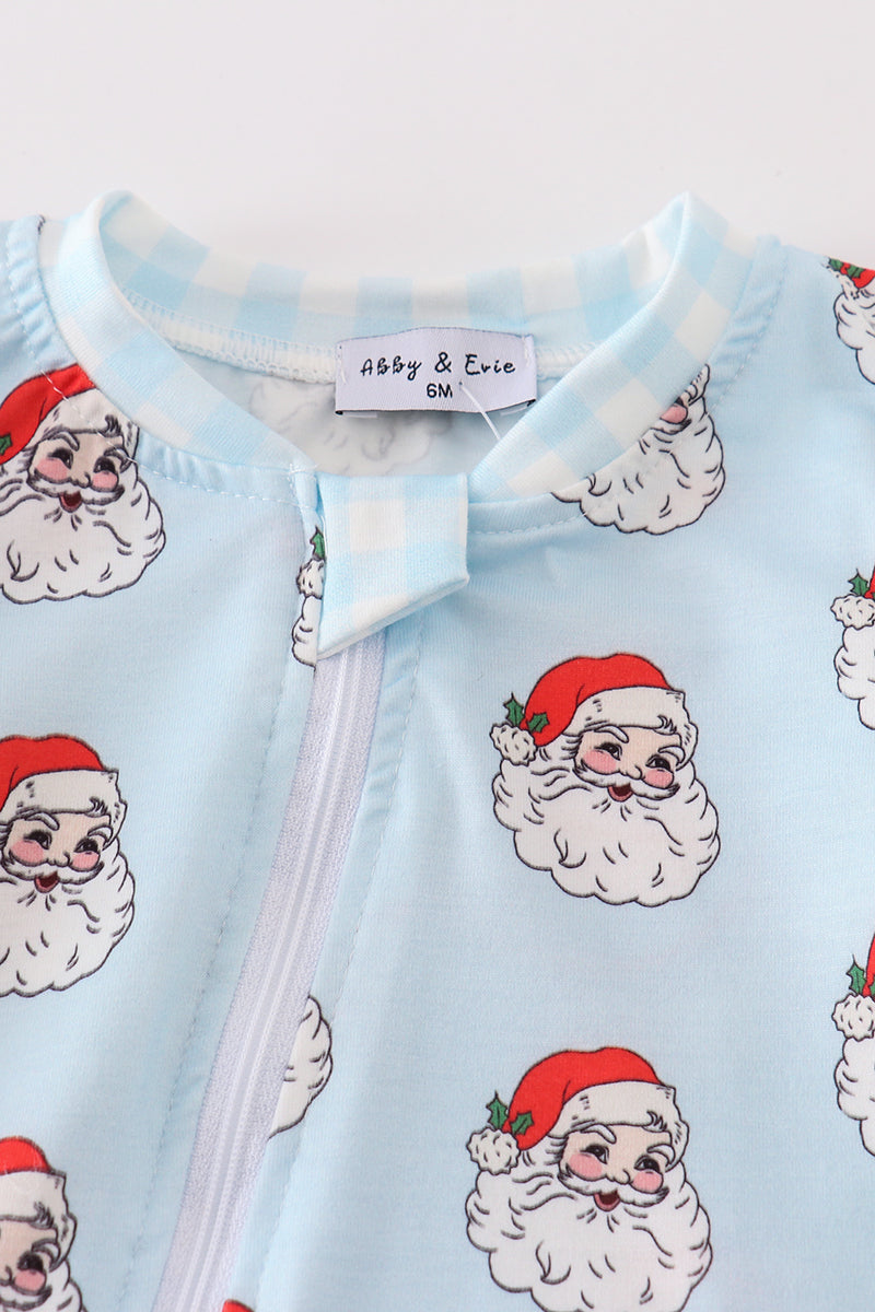 Blue Santa Print Zipper Girl Romper