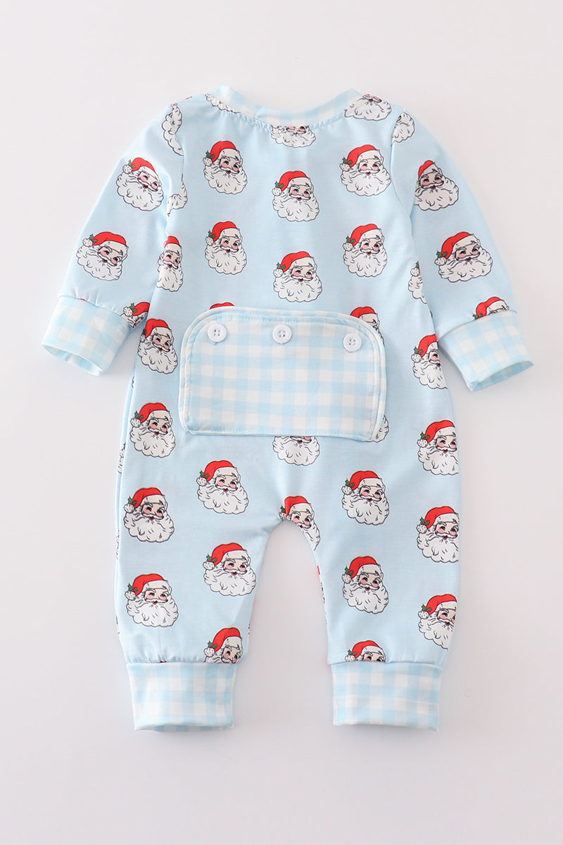 Blue Santa Print Zipper Girl Romper