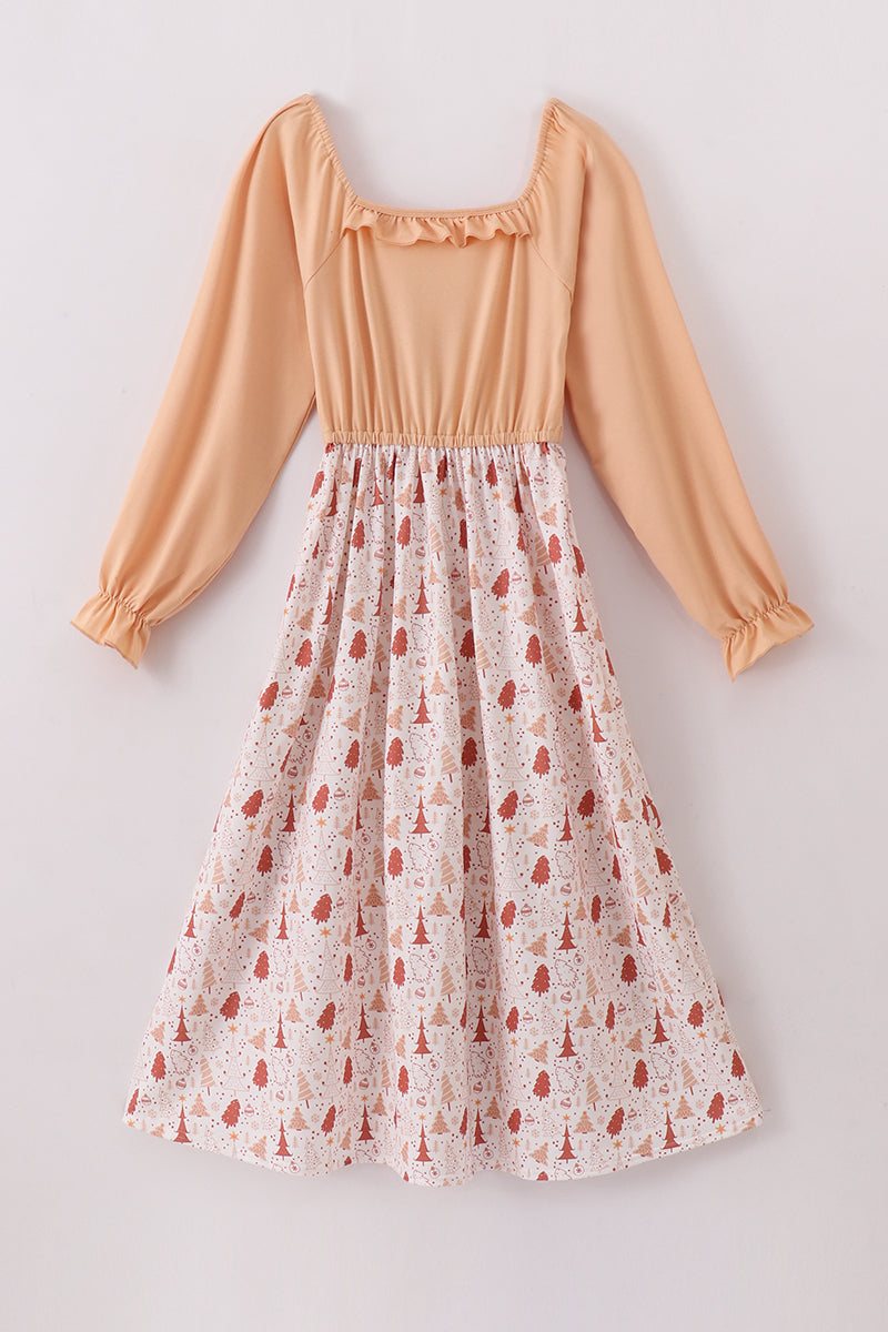 Khaki Christmas Tree Applique Women Dress