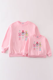 Pink Nutcracker Embroidery Mom&me Fleece Sweatshirt