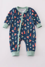 Navy Nativity Print Ruffle Romper