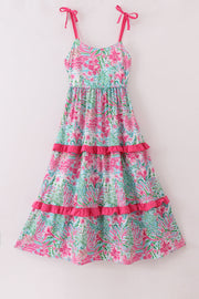 Pink Palm Paradise Print Tiered Mom Dress
