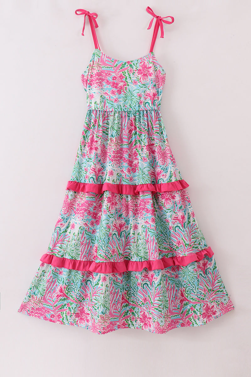Pink Palm Paradise Print Tiered Mom Dress