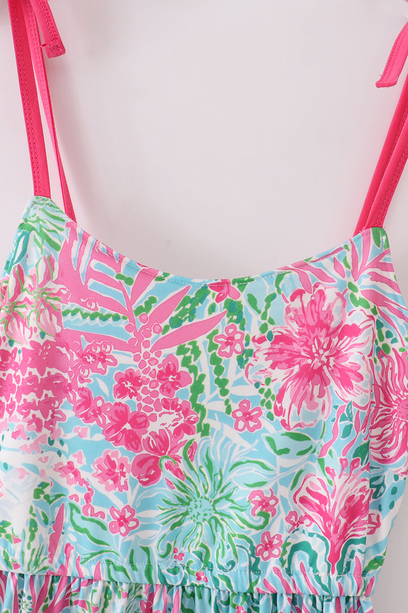 Pink Palm Paradise Print Tiered Mom Dress