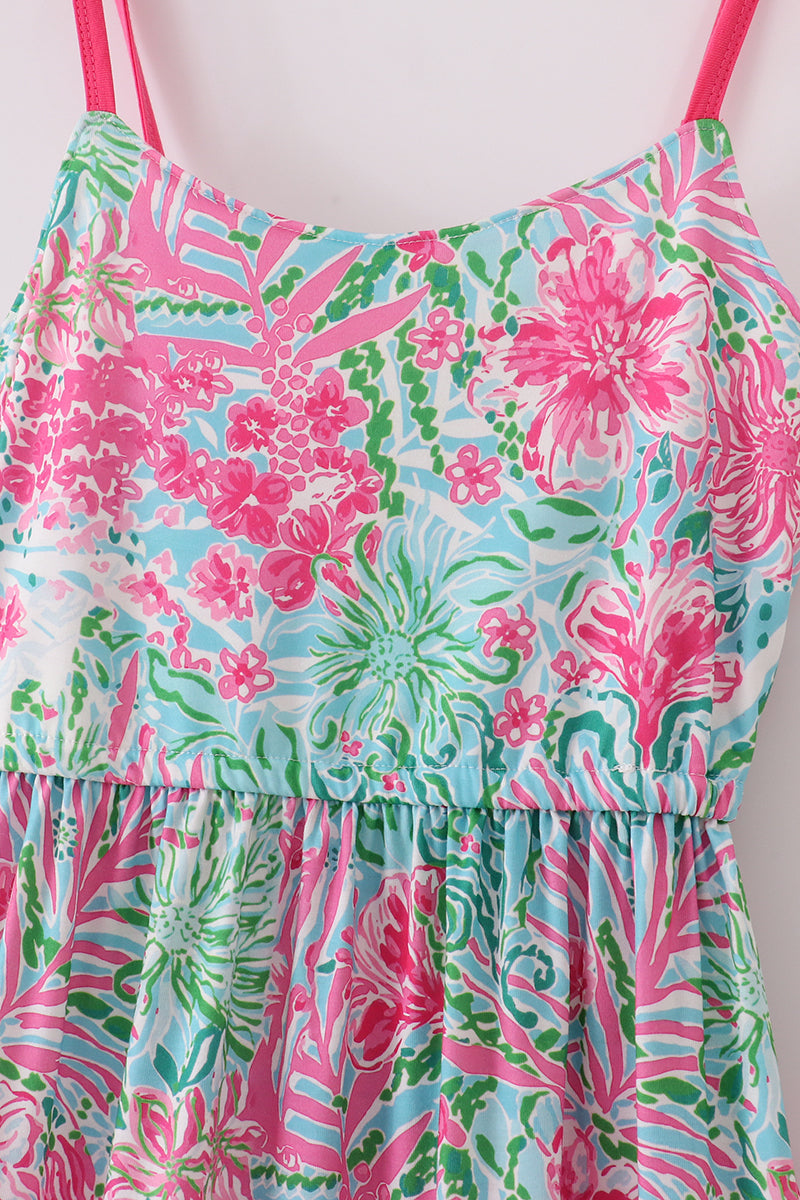 Pink Palm Paradise Print Tiered Mom Dress