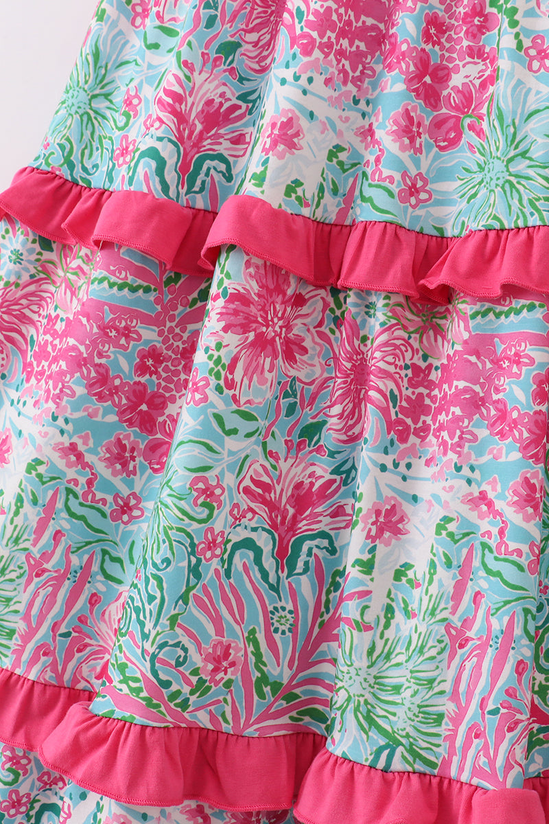 Pink Palm Paradise Print Tiered Mom Dress
