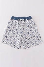 Blue Stripe Anchor Print Dad Swim Trunks