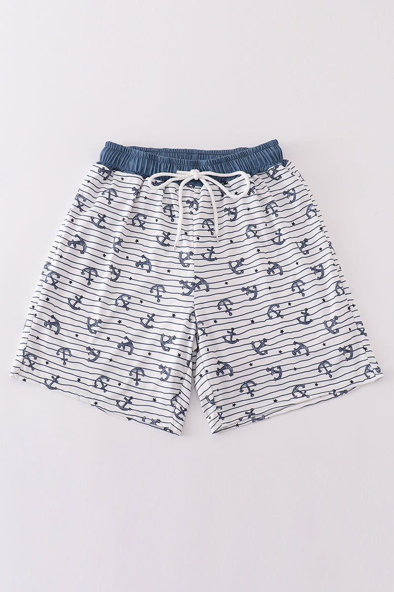 Blue Stripe Anchor Print Dad Swim Trunks
